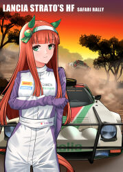  1girl absurdres alitalia alternate_costume animal_ears blunt_bangs car commentary_request cowboy_shot ear_covers green_eyes hairband highres horse_ears horse_girl jumpsuit lancia_(brand) lancia_stratos long_hair long_sleeves looking_at_viewer motor_vehicle orange_hair pirelli race_vehicle racecar racing_suit silence_suzuka_(umamusume) smile solo sparco threepitz umamusume violet_eyes white_hairband world_rally_championship 