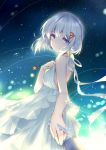  1girl bare_shoulders bison_cangshu blue_eyes braid character_request commentary_request dress gloves hair_ornament hairclip hand_holding jewelry necklace pov short_hair side_braid smile solo_focus white_dress white_gloves white_hair zhan_jian_shao_nyu 