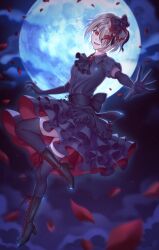  1girl absurdres aki_hanabira ascot black_bow black_dress black_gloves black_thighhighs blonde_hair boots bow dress elbow_gloves frills full_body full_moon gloves grey_hair hair_bow hair_ornament hair_over_one_eye heaven_burns_red high_heel_boots high_heels highres kayamori_ruka knee_boots lace-up_boots layered_dress layered_skirt looking_at_viewer moon night night_sky open_mouth outstretched_arm petals red_eyes ribbon short_hair short_sleeves skirt sky smile solo star_(sky) starry_sky thigh-highs thighhighs_under_boots zettai_ryouiki 