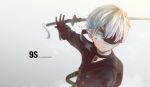  1boy artist_name blindfold blue_eyes character_name highres looking_away male_focus mazumaro nier_(series) nier_automata short_hair solo sword weapon white_background white_hair yorha_no._9_type_s 
