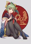  1girl 2017 :d alternate_costume artist_name bad_id bad_pixiv_id black_legwear brown_eyes dawn_(664387320) green_hair grey_background hair_ornament hair_ribbon highres japanese_clothes kantai_collection kimono long_sleeves open_mouth pantyhose ponytail revision ribbon skirt smile solo teeth wide_sleeves yellow_ribbon yellow_skirt yuubari_(kantai_collection) 