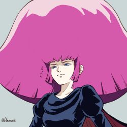  1girl big_hair black_cape black_dress blue_eyes breasts cape commentary_request doromamizu dress gundam haman_karn highres juliet_sleeves long_sleeves medium_breasts pink_hair puffy_sleeves solo translation_request twitter_username upper_body zeta_gundam 