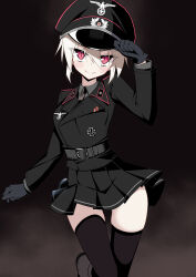  1girl absurdres adjusting_clothes adjusting_headwear belt black_background black_gloves black_jacket black_necktie black_skirt black_thighhighs blonde_hair boots commentary_request cross epaulettes gloves hat highres iron_cross jacket jiseki_rena looking_at_viewer military_dress_uniform military_uniform necktie original peaked_cap red_eyes reichsadler rena_(jiseki_rena) short_hair skirt slit_pupils smile solo standing standing_on_one_leg thigh-highs thighs totenkopf tsurime wehrmacht 