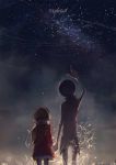  1boy 1girl blurry bokeh brown_hair building city coat commentary dark deemo deemo_(character) depth_of_field earmuffs from_behind girl_(deemo) hand_holding highres light_particles long_hair looking_up night night_sky pointing pointing_up scarf sishenfan sky song_name star_(sky) 