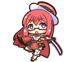  1girl :o armored_boots black-framed_eyewear black_skirt blush boots canvas_texture cape chibi chibi_only commentary_request full_body glasses hat holding holding_sword holding_weapon katana long_hair official_alternate_costume open_mouth pink_hair pink_hat pleated_skirt ragnarok_online red_cape rune_knight_(ragnarok_online) shizukushigure simple_background skirt solo standing standing_on_one_leg sword violet_eyes weapon white_background 