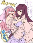  2girls absurdres blush carrying dress fate/grand_order fate_(series) hair_intakes highres long_hair medb_(fate/grand_order) multiple_girls open_mouth pinching pink_hair princess_carry red_eyes redhead scathach_(fate/grand_order) shimo_(s_kaminaka) tiara translation_request yuri 