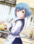  alternate_hairstyle apron battle_girl_high_school blue_hair cooking kitchen kunieda_shiho looking_at_viewer musical_note_hair_ornament official_art school_uniform smile yellow_eyes 