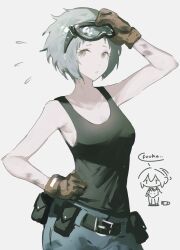  2girls aigis_(persona) aqua_hair arm_up armpits belt belt_buckle belt_pouch black_belt black_tank_top blue_pants breasts brown_eyes brown_gloves buckle character_name chibi chibi_inset commentary_request cowboy_shot dirty flying_sweatdrops gloves goggles goggles_on_head hand_on_goggles hand_on_own_hip highres k1kiwa looking_at_viewer mechanic medium_breasts multiple_girls pants parted_lips persona persona_3 pixie_cut pouch solo_focus speech_bubble tank_top yamagishi_fuuka 