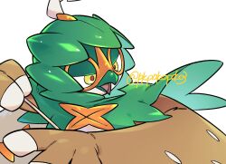  brown_pupils decidueye hands_up highres no_humans open_mouth pkpokopoko3 pokemon pokemon_(creature) pokemon_focus solo tongue twitter_username white_background yellow_eyes 