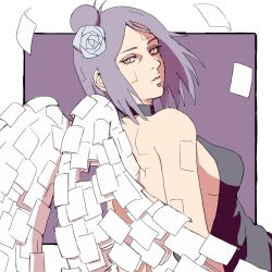  1girl bare_shoulders border breasts eyeshadow face_piercing falling_paper hair_bun jewelry konan_(naruto) large_breasts lip_piercing makeup medium_hair naruto_(series) naruto_shippuuden parted_bangs parted_lips piercing purple_background purple_eyeshadow purple_hair shirt sideboob sleeveless sleeveless_shirt solo updo uri_geikon white_border wings yellow_eyes 