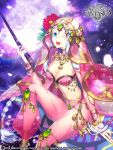  1girl 2016 artist_name blue_eyes bracelet braid breasts cleavage company_name copyright_name gyakushuu_no_fantasica jewelry long_hair muse_(rainforest) necklace one_eye_closed open_mouth sitting sparkle teeth twin_braids veil wand white_hair 