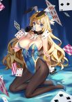  1girl animal_ears atago_(kantai_collection) bare_shoulders black_legwear blonde_hair blue_eyes blush breasts bunny_tail bunnysuit card checkered checkered_floor choker collarbone covered_navel fur gloves high_heels kantai_collection kneeling large_breasts long_hair looking_at_viewer miyazaki_byou pantyhose playing_card rabbit_ears smile solo tail wrist_cuffs 