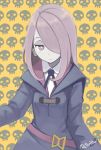  1girl artist_name commentary_request dress hair_over_one_eye highres little_witch_academia long_hair long_sleeves purple_hair retorillo solo sucy_manbavaran upper_body violet_eyes yellow_background 