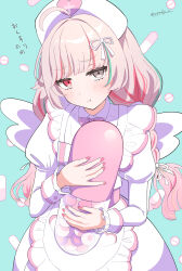  1girl :t absurdres ahoge aqua_background blunt_bangs blush bow bowtie braid collared_dress commentary_request cowboy_shot dress frilled_sleeves frills frown grey_eyes hair_bow hair_ribbon hat heterochromia highres ishigami_nozomi long_hair long_sleeves looking_at_viewer medicine multicolored_hair nijisanji nurse nurse_cap pill pink_bow pink_bowtie pink_eyes pink_hair pink_nails ribbon scopedog_12 translation_request two-tone_hair virtual_youtuber white_dress white_hair white_ribbon wings 