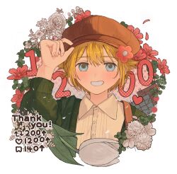  1boy adjusting_clothes adjusting_headwear arm_up basil_(birthday)_(omori) basil_(faraway)_(omori) basil_(omori) blonde_hair blue_eyes blush brown_hat cardigan collared_shirt commentary_request double-parted_bangs english_text flower green_cardigan hair_between_eyes hair_flower hair_ornament hat highres kanaraki long_sleeves looking_at_viewer male_focus milestone_celebration newsboy_cap official_alternate_costume omori open_cardigan open_clothes open_mouth shirt short_hair sidelocks simple_background smile solo tulip upper_body white_background white_flower white_shirt white_tulip 