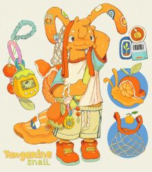  1boy commentary food fruit furry furry_male highres male_focus mandarin_orange net orange_shoes original shirt shoes shorts snail solo sorochii sticker symbol-only_commentary tamagotchi wristband 