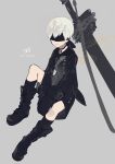  1boy absurdres blindfold boots character_name gloves highres male_focus nier_(series) nier_automata short_hair solo sword weapon white_hair yamada_kei yorha_no._9_type_s 