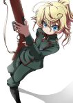  1girl ahoge blonde_hair blue_eyes boots eyebrows_visible_through_hair eyelashes gun hair_between_eyes highres holding holding_weapon medal military military_uniform moyamu ponytail rifle short_hair simple_background solo tanya_degurechaff tied_hair uniform weapon white_background youjo_senki 