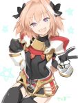  1boy armor braid fang fate/apocrypha fate_(series) garter_straps gauntlets hair_ribbon highres long_hair looking_at_viewer open_mouth pink_hair ribbon rider_of_black single_braid smile solo thigh-highs trap v white_background 