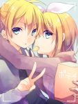  1boy 1girl :t alternate_costume arm_around_neck blonde_hair blue_eyes bow brother_and_sister casual chips food hair_bow hair_ornament hairclip head_to_head hood hoodie hug kagamine_len kagamine_rin kuroi_(liar-player) lens_flare looking_at_viewer looking_to_the_side mouth_hold necktie potato_chips short_hair siblings twins upper_body v viewfinder vocaloid 