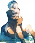  1boy black_clothes blindfold boots breasts choker commentary dress eyelashes gloves hetero hug hug_from_behind juliet_sleeves long_sleeves mole mole_under_mouth natural_wind nier_(series) nier_automata open_mouth pale_skin puffy_sleeves seiza short_hair shorts simple_background sitting solo thigh-highs thigh_boots white_hair yorha_no._2_type_b yorha_no._9_type_s 
