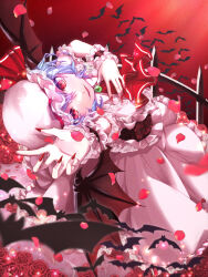  1girl akane_(a_reddam) arm_up ascot bat_wings blue_hair brooch commentary_request falling_petals fence fingernails flower frilled_sash frilled_shirt_collar frilled_skirt frilled_wrist_cuffs frills from_above gem green_gem hand_over_heart hat hat_ribbon highres iron_fence jewelry lace-trimmed_skirt lace-trimmed_sleeves lace_trim long_fingernails looking_at_viewer looking_up mob_cap open_mouth petals pink_hat pink_shirt pink_skirt reaching reaching_towards_viewer red_ascot red_background red_eyes red_flower red_nails red_petals red_ribbon red_rose red_sash remilia_scarlet ribbon rose sash shirt short_hair simple_bat skirt slit_pupils smile solo touhou water wings wrist_cuffs 