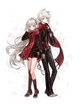  1boy 1girl 96dgd absurdres asymmetrical_legwear blue_eyes dungeon_and_fighter earmuffs full_body hand_holding heterochromia highres long_hair looking_at_viewer mage_(dungeon_and_fighter) original petals red_eyes red_scarf scarf shorts silver_hair smile standing very_long_hair wind 
