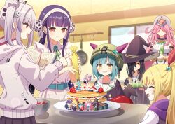  6+girls apron black_hair blonde_hair blue_hair blunt_bangs book bottle bungo_yayoi cake cake_decoration closed_eyes commentary_request cooking double_bun dress food fruit grey_hair hair_bun hair_ornament hair_over_eyes hair_over_one_eye hairband hat headband heaven_burns_red helmet highres holding hood hood_down hoodie indoors kanzaki_adelheid kitchen long_bangs long_hair mizuki_(lvo0x0ovl) multiple_girls open_mouth pastry_bag pink_hair ponytail purple_hair red_eyes sakuraba_seira satsuki_mari school_uniform short_hair skirt smile strawberry tenne_miko twintails white_hoodie window witch_hat yamawaki_bon_ivar yellow_eyes 