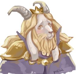 1boy 2019 2d animal_ears anthro armor artist_name asgore_dreemurr beard blonde_hair cloak cropped_shoulders crown digital_media droopy_ears facial_hair fangs floppy_ears furry furry_male goat goat_boy goat_ears goat_horns horns male male_focus male_only mammal monster monster_boy pauldrons pulisui purple_cloak simple_background solo undertale utdr_(toby_fox) white_background white_fur white_horns 