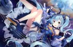  1girl absurdres bloomers blue_eyes blue_hair bow constellation detached_sleeves fingerless_gloves gloves hair_bow hair_ornament hairclip hatsune_miku highres jimmy long_hair ribbon snowflakes solo star twintails underwear very_long_hair vocaloid wand yuki_miku 