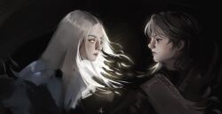  1boy 1girl absurdres armor black_hair black_robe black_tunic empty_eyes glowing glowing_eyes glowing_hair gloxartx highres long_hair looking_at_another nephis_(shadow_slave) painterly robe shadow_slave shoulder_armor sunny_(shadow_slave) tunic upper_body white_hair 