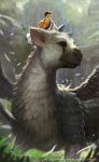 1boy absurdres andy_liong artist_name black_eyes black_hair blue_eyes child copyright_name creature feathers grass griffin highres horns light male_focus monster the_boy_(the_last_guardian) the_last_guardian trico_(character) tunic wings 