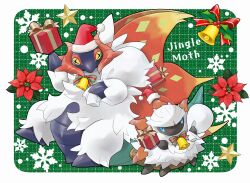  +_+ animal_focus bell blue_eyes bow box bug christmas colored_sclera cross-shaped_pupils flower gift gift_box hat highres holding holding_gift holding_sack holly horns larvesta looking_at_viewer mofu_(pk3566) moth no_humans orange_wings pokemon pokemon_(creature) pokemon_focus red_hat sack santa_hat slither_wing snowflakes star_(symbol) symbol-shaped_pupils tail white_fur wings yellow_eyes 