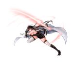  1girl 96dgd absurdres black_gloves black_hair boots breasts camisole cape charging dungeon_and_fighter energy_sword full_body garter_straps gloves highres large_breasts long_hair miniskirt red_eyes skirt solo sword thigh-highs very_long_hair weapon white_legwear 