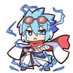  1boy :o arm_wrap barefoot blue_eyes blue_hair canvas_texture chibi chibi_only commentary_request electricity full_body goggles goggles_on_head hair_between_eyes looking_at_viewer male_focus official_alternate_costume open_mouth pants ragnarok_online red_scarf scarf shirt shizukushigure short_hair simple_background sleeveless sleeveless_shirt solo spiky_hair standing sura_(ragnarok_online) white_background white_pants white_shirt 