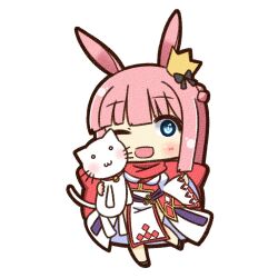  1girl :d animal animal_ears blue_eyes blush canvas_texture cat chibi chibi_only crown dress full_body highres holding holding_animal holding_cat layered_dress looking_at_viewer mini_crown official_alternate_costume open_mouth pink_hair rabbit_ears rabbit_girl ragnarok_online red_dress red_scarf scarf shizukushigure simple_background smile solo sorcerer_(ragnarok_online) standing white_background white_cat white_dress 