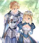  1boy 1girl :d ;) ahoge armor arms_behind_back blonde_hair blue_dress breasts cleavage cleavage_cutout copyright_name couple dress dual_persona fate/grand_order fate/prototype fate/stay_night fate_(series) flower formal green_eyes hair_flower hair_ribbon hand_on_another&#039;s_head head_wreath hetero highres holy_pumpkin long_hair long_sleeves looking_at_another looking_back medium_breasts one_eye_closed parted_lips petting puffy_long_sleeves puffy_sleeves ribbon saber saber_(fate/prototype) short_hair smile type-moon wince wink 