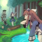  1boy 2girls axe bush dewprism elena_(dewprism) forest grass hiyo_kiki log mint_(dewprism) monster multiple_girls nature outdoors pond potion rue_(dewprism) running tree water waving weapon wet 