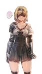  1girl ? blindfold blonde_hair bow_(bhp) breasts cleavage cosplay djeeta_(granblue_fantasy) fighter_(granblue_fantasy) granblue_fantasy nier_(series) nier_automata see-through solo spoken_question_mark white_background yorha_no._2_type_b yorha_no._2_type_b_(cosplay) 