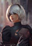  1girl andy_liong artist_name black_dress black_hairband blindfold blurry copyright_name cube depth_of_field dress gloves hairband highres jpeg_artifacts lips mole mole_under_mouth nier_(series) nier_automata solo sword weapon white_hair yorha_no._2_type_b 