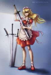  1girl absurdres apron blonde_hair dress eeveetachi frills hair_ornament highres katana light_frown long_hair maid maid_headdress puffy_short_sleeves puffy_sleeves red_dress red_shoes shadow shoes short_sleeves solo sword touhou touhou_(pc-98) weapon yellow_eyes yumeko_(touhou) 