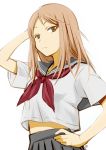  1girl absurdres arm_up brown_eyes brown_hair closed_mouth eyebrows_visible_through_hair grey_skirt hand_on_hip highres long_hair looking_at_viewer mercy_rabbit natsume_reiko natsume_yuujinchou neckerchief pleated_skirt red_neckerchief school_uniform serafuku sidelocks signature simple_background skirt solo upper_body white_background 