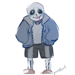  1boy 2019 2d artist_name black_shorts bleeding blood blue_jacket digital_media drawstring full_body grey_hood hands_in_pockets hollow_eyes hood hood_down hooded_jacket humanoid jacket looking_at_viewer male male_focus male_only monster monster_boy nosebleed open_clothes open_jacket pink_slippers pulisui sans_(undertale) shirt shorts signature simple_background single_vertical_stripe skeleton slippers solo standing straight-on striped_shorts teeth undead undertale utdr_(toby_fox) vertical-striped_clothes vertical-striped_shorts white_background white_shirt white_stripes 