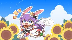  1girl animal_ears arm_wrap black_bow black_shorts blue_eyes blue_sky blush bow bug_cage butterfly_net canvas_texture chibi chibi_only clouds commentary_request crown day desert_wolf_(ragnarok_online) flower foot_wraps full_body gloves hair_bow hand_net highres holding holding_butterfly_net long_hair mini_crown official_alternate_costume open_mouth orange_scarf outdoors purple_hair rabbit_ears rabbit_girl ragnarok_online running scarf shirt shizukushigure shorts sky smile solo sunflower sura_(ragnarok_online) white_shirt wolf_cub yellow_gloves 