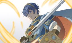  1boy blue_cape blue_eyes blue_hair brown_gloves cape closed_mouth commentary_request fingerless_gloves fire_emblem fire_emblem:_mystery_of_the_emblem fire_emblem:_shadow_dragon_and_the_blade_of_light fumiko_(290976767) gloves highres holding holding_sword holding_weapon looking_at_viewer male_focus marth_(fire_emblem) short_hair smile solo sword weapon 