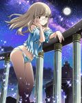  1girl adjusting_hair artist_request balcony blonde_hair blue_panties blue_shirt camisole full_moon glasses leaning_forward long_hair moon night night_sky no_pants official_art panties perrine_h_clostermann shirt sky smile solo star_(sky) strike_witches underwear underwear_only wind world_witches_series yellow_eyes 