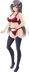  1girl absurdres black_hair black_legwear bow bow_panties bra breasts full_body garter_belt garter_straps hair_ornament highres long_hair panties red_bra red_eyes red_panties simple_background smile solo thigh-highs underwear underwear_only white_background 