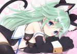  1girl animal_ears black_bow black_bra black_legwear blue_eyes blush bow bra cat_ears cat_tail checkered checkered_background commentary_request detached_sleeves gloves green_hair hair_bow hair_ornament hairclip kantai_collection long_hair looking_at_viewer lying open_clothes open_shirt paw_gloves paw_print paws shirt solo tail thigh-highs underwear watanohara yamakaze_(kantai_collection) 