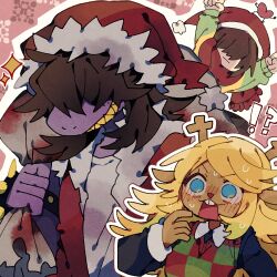  !? 1other 2525nicc 2girls :| absurdres animal_ears antlers black_shirt blonde_hair blood blue_eyes blush brown_hair buck_teeth checkered_sweater_vest christmas closed_mouth colored_skin colored_teeth commentary_request covered_eyes deer_ears deltarune flustered fur-trimmed_jacket fur_trim green_sweater grin hair_over_eyes hand_up hat heart highres holding holding_sack horns jacket kris_(deltarune) long_hair long_sleeves monster_girl multiple_girls no_pupils noelle_holiday nose_blush open_mouth outline portrait purple_skin red_background red_jacket red_scarf reindeer_antlers reindeer_girl sack santa_hat scarf sharp_teeth shirt sleeve_cuffs smile snout soul_(deltarune) susie_(deltarune) sweat sweater teeth two-tone_sweater_vest utdr_(toby_fox) white_outline white_shirt yellow_teeth 