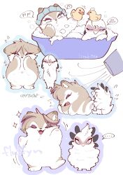  ... animal_ears animal_nose artist_name bath bathing blue_eyes blush brown_fur brown_hair bubble closed_eyes english_commentary english_text engrish_text fat full_body hair_dryer highres looking_at_viewer meg_(miz7xf) miz7xf multiple_views navel navel_piercing no_mouth open_mouth original pawpads piercing pink_eyes ranguage rubber_duck simple_background speech_bubble spoken_ellipsis spoken_symbol standing straight-on wet white_background 